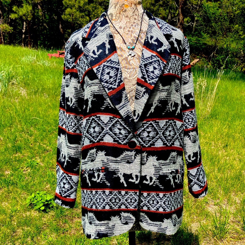 Beautiful Wild Horse Print Blazer with Aztec Patterns by Joanna